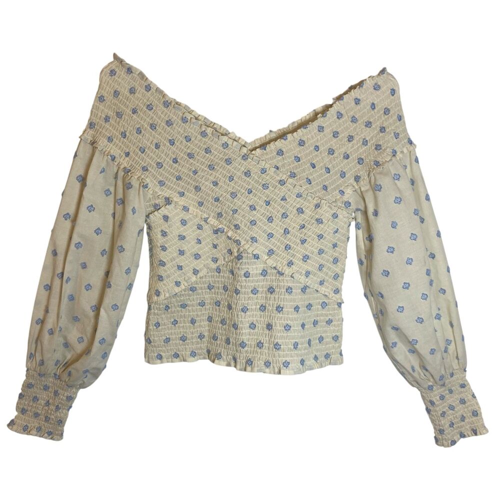 BB Dakota Steve Madden Off The Shoulder Top Sz S Beige Blue Bohemian Cottagecore